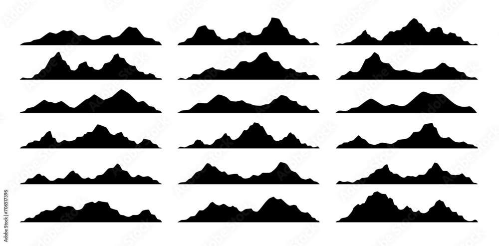 Black mountain, hill and rock silhouettes, rocky landscape shapes. Isolated vector range of hills, monochrome ridges. Alps with summit peaks set for adventure, rocks climbing, travel and hiking - obrazy, fototapety, plakaty 