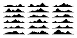 Black mountain, hill and rock silhouettes, rocky landscape shapes. Isolated vector range of hills, monochrome ridges. Alps with summit peaks set for adventure, rocks climbing, travel and hiking