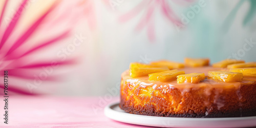 Classic retro pineapple upside down cake, soft, buttery with a caramelized brown sugar pineapple and berry topping on table background. Dessert from childhood.
