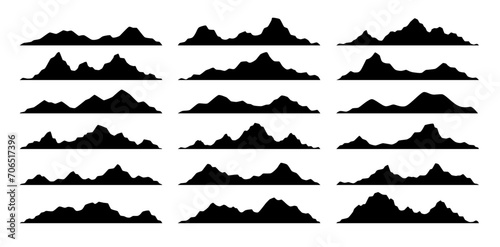Black mountain, hill and rock silhouettes, rocky landscape shapes. Isolated vector range of hills, monochrome ridges. Alps with summit peaks set for adventure, rocks climbing, travel and hiking photo