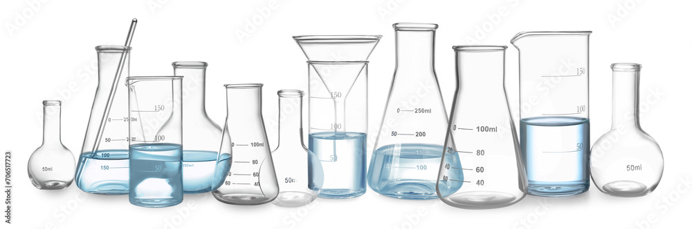 Many different laboratory glassware isolated on white Many different laboratory glassware isolated on white