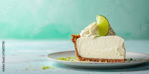 Key lime pie with whripped cream, American dessert made with lime juice, egg yolks, and condensed milk in a pastry dough tart. Lime pie slice on pastel background with copy space.