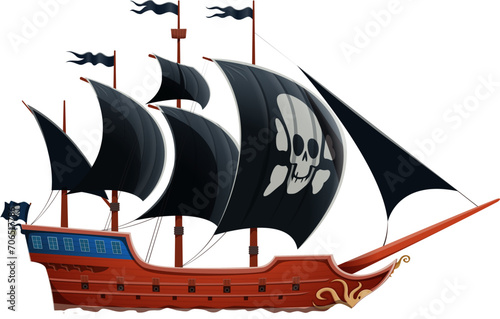 Pirate ship adorned with jolly roger skull and crossbones on black tattered sails. Isolated vector menacing fantasy vessel with ominous flags and octopus tentacles proudly adorn its weathered hull
