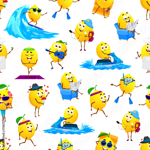 Cartoon lemon characters seamless pattern. Wrapping paper print, textile vector backdrop or summer fabric pattern. Wallpaper background with lemon fruit funny personage surfing, diving and traveling