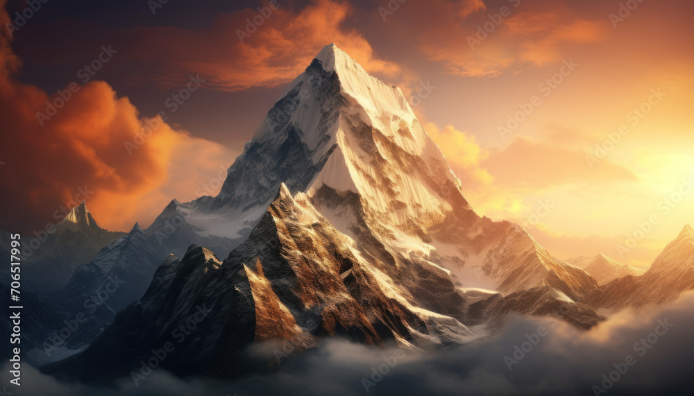 Inspiring mountain peak at sunrise with dramatic clouds, 7:4