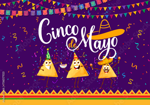 Cinco de Mayo holiday banner with Mexican nachos chips characters on fiesta party, vector background. 5 may holiday banner with Mexican national cuisine cartoon nachos chips in sombrero with maracas