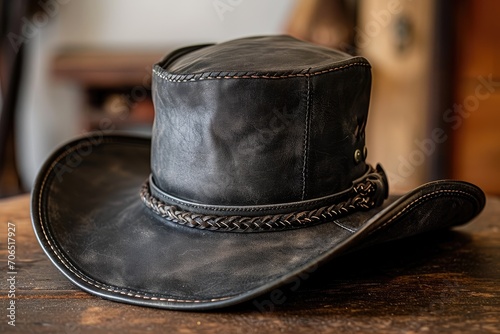 Dark leather hat with black stitching on a matte display