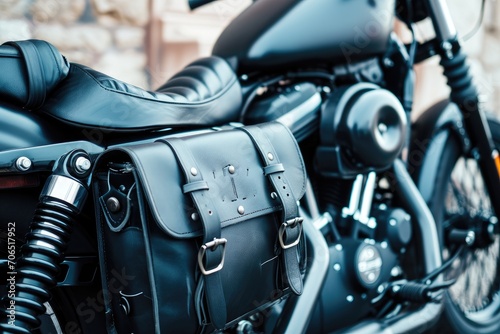 Dark leather saddle bags with black buckles on a motorcycle