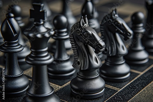 Dark leather-bound chess set with black and matte pieces