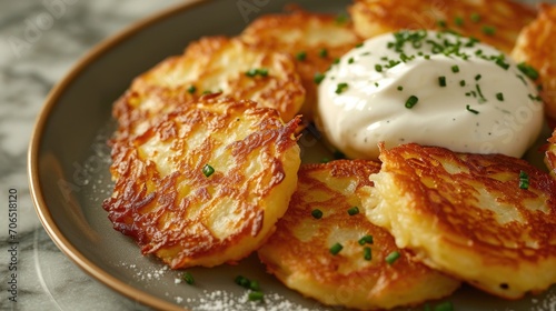Food photography, deruny (potato pancakes), golden and crispy, with a sour cream dollop in motion on a marble stone surface