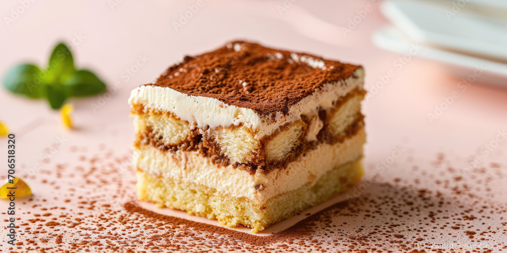 Square slice of classic tiramissu cake in chocolate sprinkles on a light pastel table background. Italian layered dessert in a cut.