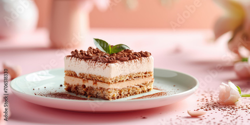 Square slice of classic tiramissu cake in chocolate sprinkles on a light pastel pink table. Italian layered dessert in a cut. photo