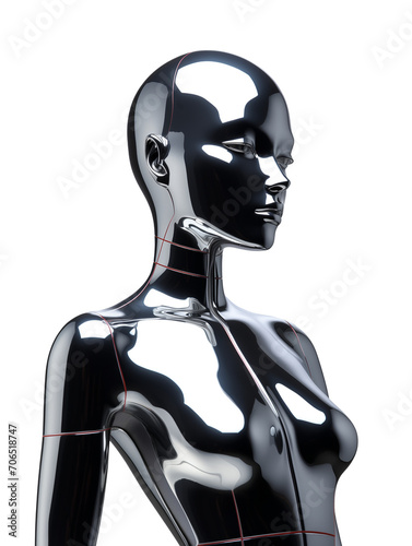 Futuristic chrome woman mannequin isolated. Shiny gloss metal human sculpture. Y2K liquid metal music poster photo