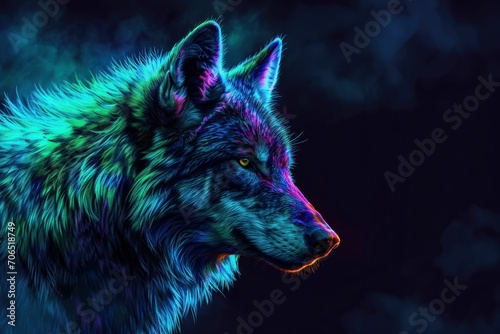 Portrait of Wolf in neon colors, dark background