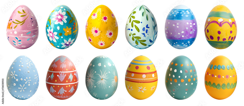 Collection of colourful hand painted decorated easter eggs on transparent background cutout, PNG file. Pattern and floral set. Many different design. Mockup template for artwork design