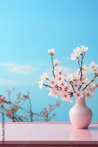 Cherry blossom in vase on table with blue sky background.