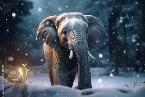 Beautiful elephant in the rain and snow