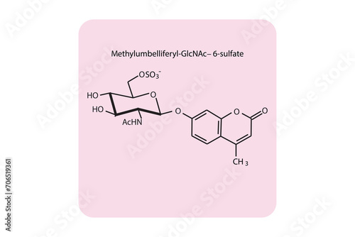 Molecular structure diagram of Methylumbelliferyl-GlcNAc−6-sulfate pink Scientific vector illustration.