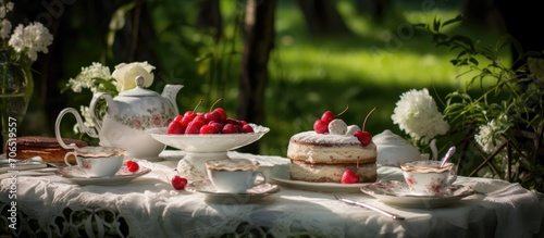 Garden with outdoor elegance, white porcelain teatime, cherry pie. Family tradition, beautiful setting. Meadow, candles, banner.