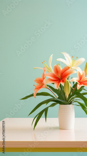 Beautiful lily flowers in vase on table against blue background.