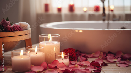 Rose petals in the bathroom. Romance.