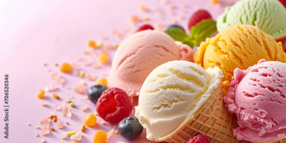 Pale pink background with ice cream and sprinkles. Design with space to place text. Pale pink background with ice cream and sprinkles. Design with space to place text.