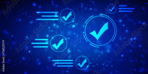 Check Mark on Abstract Blue Backgroud. Quality Control, Guarantee, Checklist, Survey, Compliance Concept, Technology abstract background