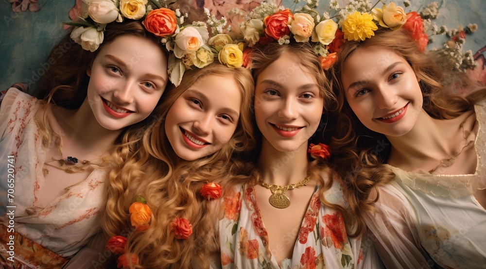 A group of happy smiling young women with flower wreaths on their heads, the concept of women's day, spring and March 8, happy girls. A group of happy smiling young women with flower wreaths on their heads, the concept of women's day, spring and March 8, happy girls.