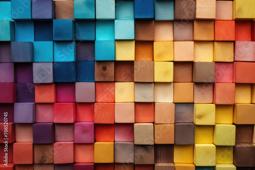 A captivating background composed of multi-colored wooden blocks  aligning to form a spectrum that s perfect for diverse and creative projects.