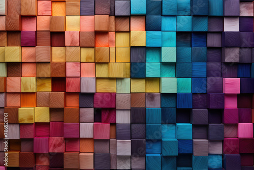 A playful and bright alignment of colorful wooden blocks, offering a versatile backdrop for various creative and diversity-themed uses.