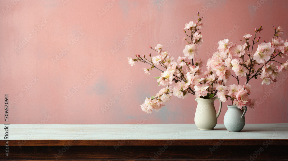 Vase with cherry blossom on wooden table over pink wall background.