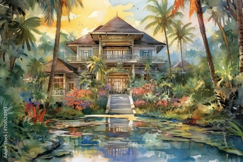 Vibrant 16:9 watercolor artwork showcasing a lavish Bali villa amid palm trees. Generative AI