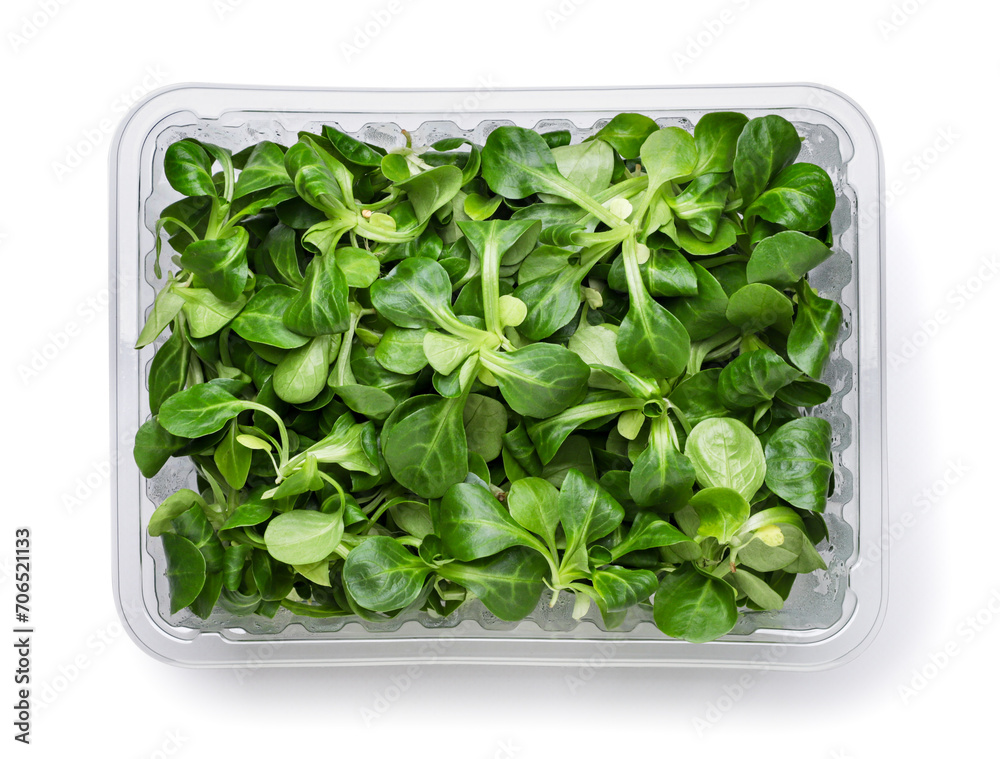 Mung bean salad leaves in plastic packaging on a white background. Top view Mung bean salad leaves in plastic packaging on a white background. Top view