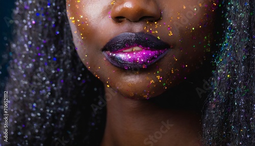 close up of a sensual woman lips with glitter makeup photo