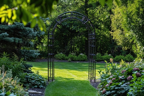 Matte black metal garden arch on a dark lawn
