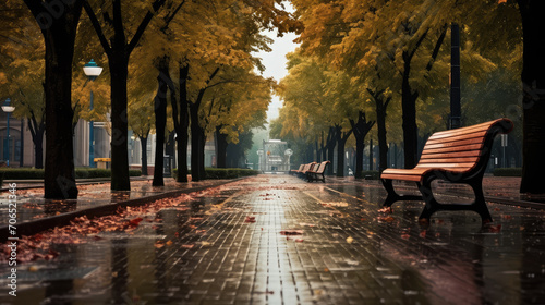 A ground-level view of an urban park alley on a rainy day in autumn, illustrating the peaceful interplay between city life and nature's seasonal shifts.