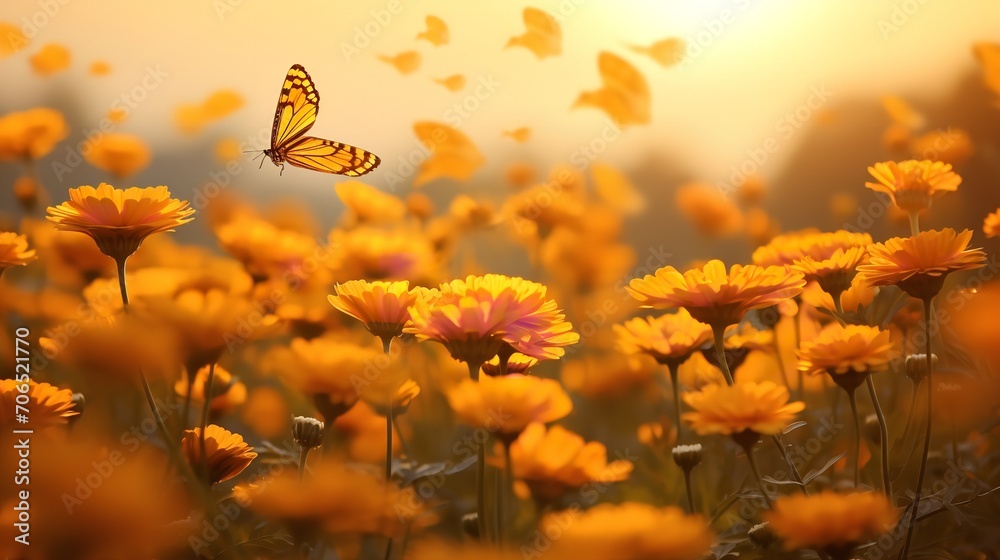 Autumn Marigold Field with Butterflies - AI Generated Autumn Marigold Field with Butterflies - AI Generated