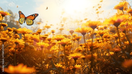 Autumn Marigold Field with Butterflies - AI Generated