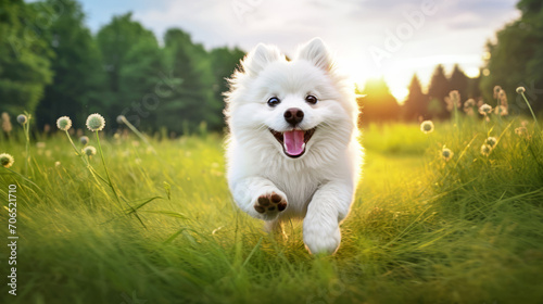 white fluffy, contented dog runs towards you through a clearing of green grass in the setting sun photo
