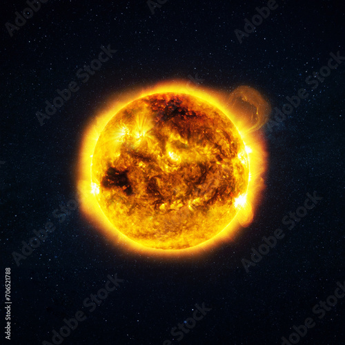 Amazing burning sun with plasma and flares in space. Magnetic storms and solar flares