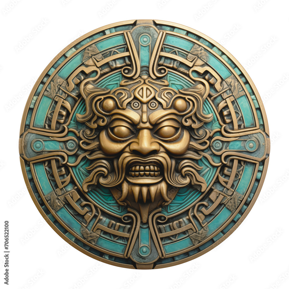 Ethnic round metal medallion with mask image. Isolated on a transparent background.