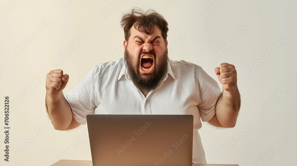 Angry bearded man screaming in anger and yelling with laptop on white background Angry bearded man screaming in anger and yelling with laptop on white background
