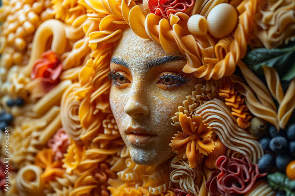 A depiction of a noodle portrait, recreating a famous face with various pasta shapes and colors.