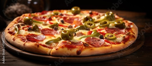 Spicy pizza featuring sauce, mozzarella, ham, pepperoni, bell pepper, jalapenos, olives, and parmesan served on traditional crust.