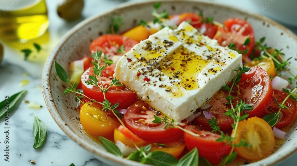 Food photography, Greek salad, vibrant tomatoes and feta cheese, with a cheese pull, on a marble stone table with olive branches around Food photography, Greek salad, vibrant tomatoes and feta cheese, with a cheese pull, on a marble stone table with olive branches around