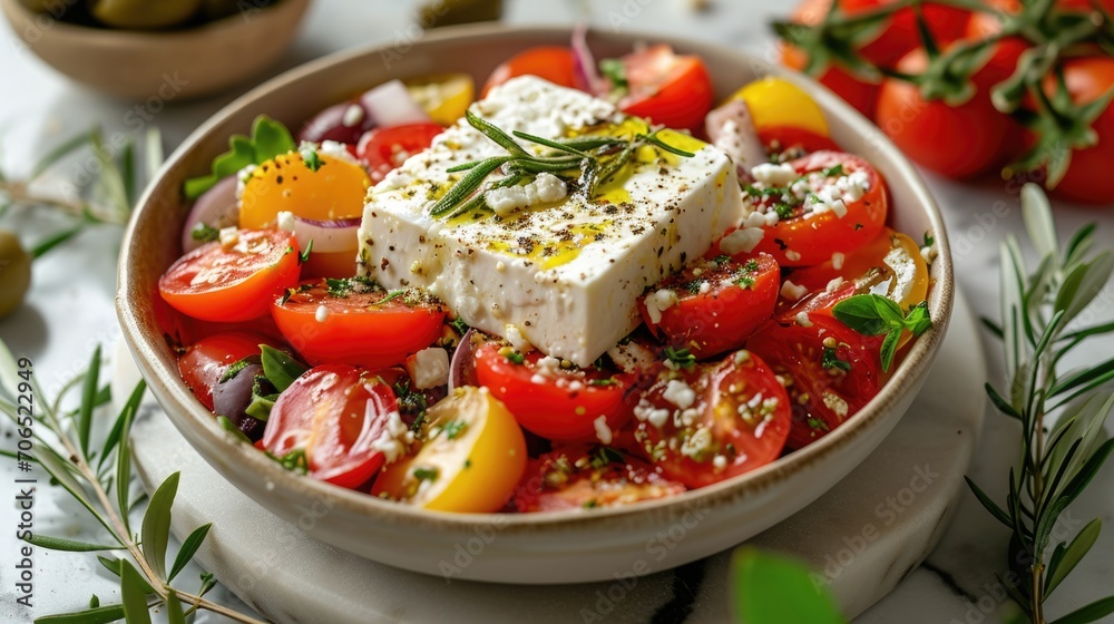 Food photography, Greek salad, vibrant tomatoes and feta cheese, with a cheese pull, on a marble stone table with olive branches around Food photography, Greek salad, vibrant tomatoes and feta cheese, with a cheese pull, on a marble stone table with olive branches around