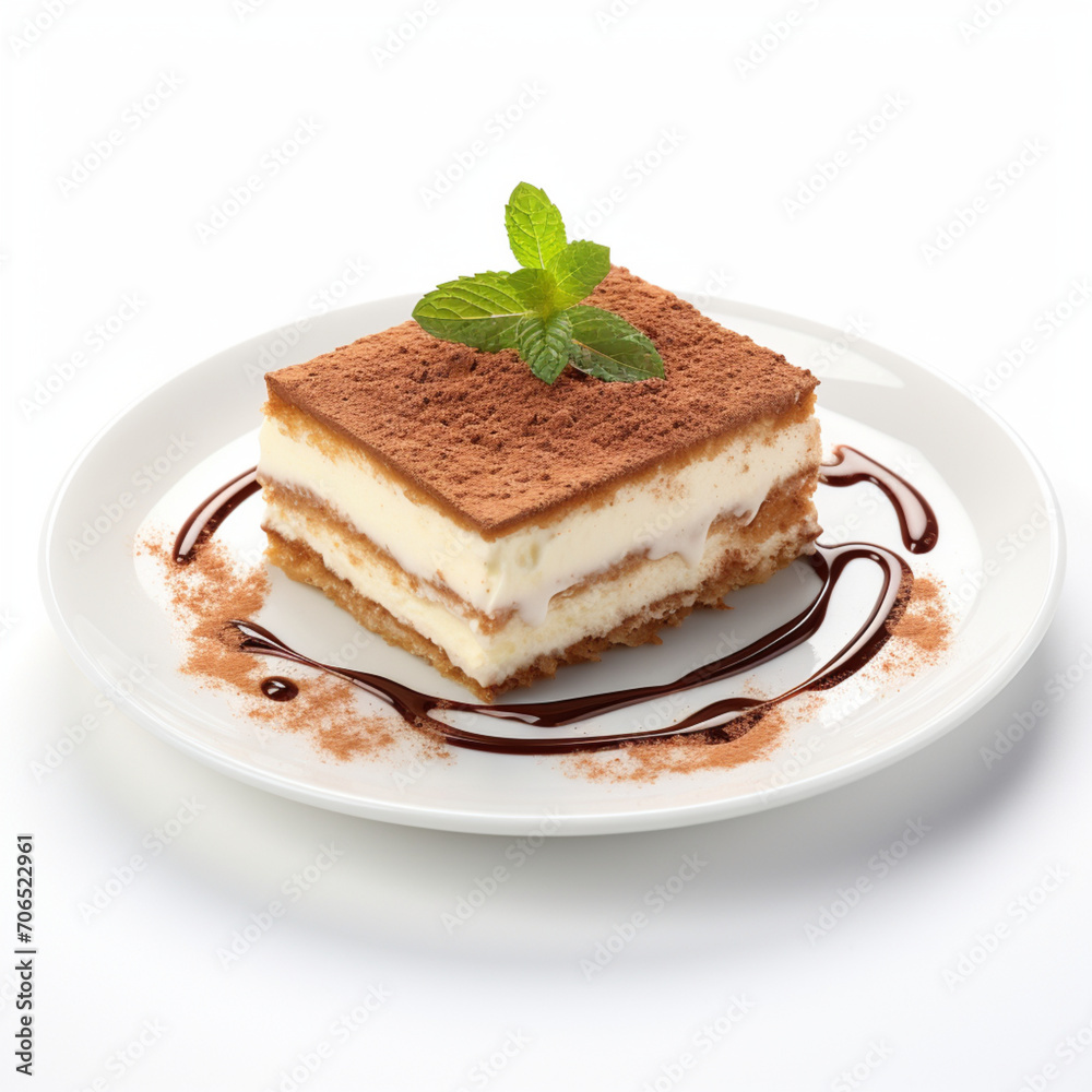 Fotografia con detalle y textura de porcion de pastel de tiramisu con caramelo, sobre fondo blanco