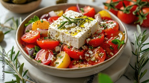 Food photography, Greek salad, vibrant tomatoes and feta cheese, with a cheese pull, on a marble stone table with olive branches around