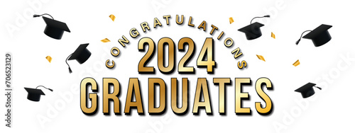 White background - Congratulations 2024 Graduates Text - in Gold with Black Outline. Confetti and Thrown Graduation Caps Surround Text