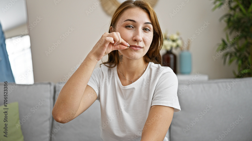 Young woman sitting on sofa doing silent gesture at home Young woman sitting on sofa doing silent gesture at home